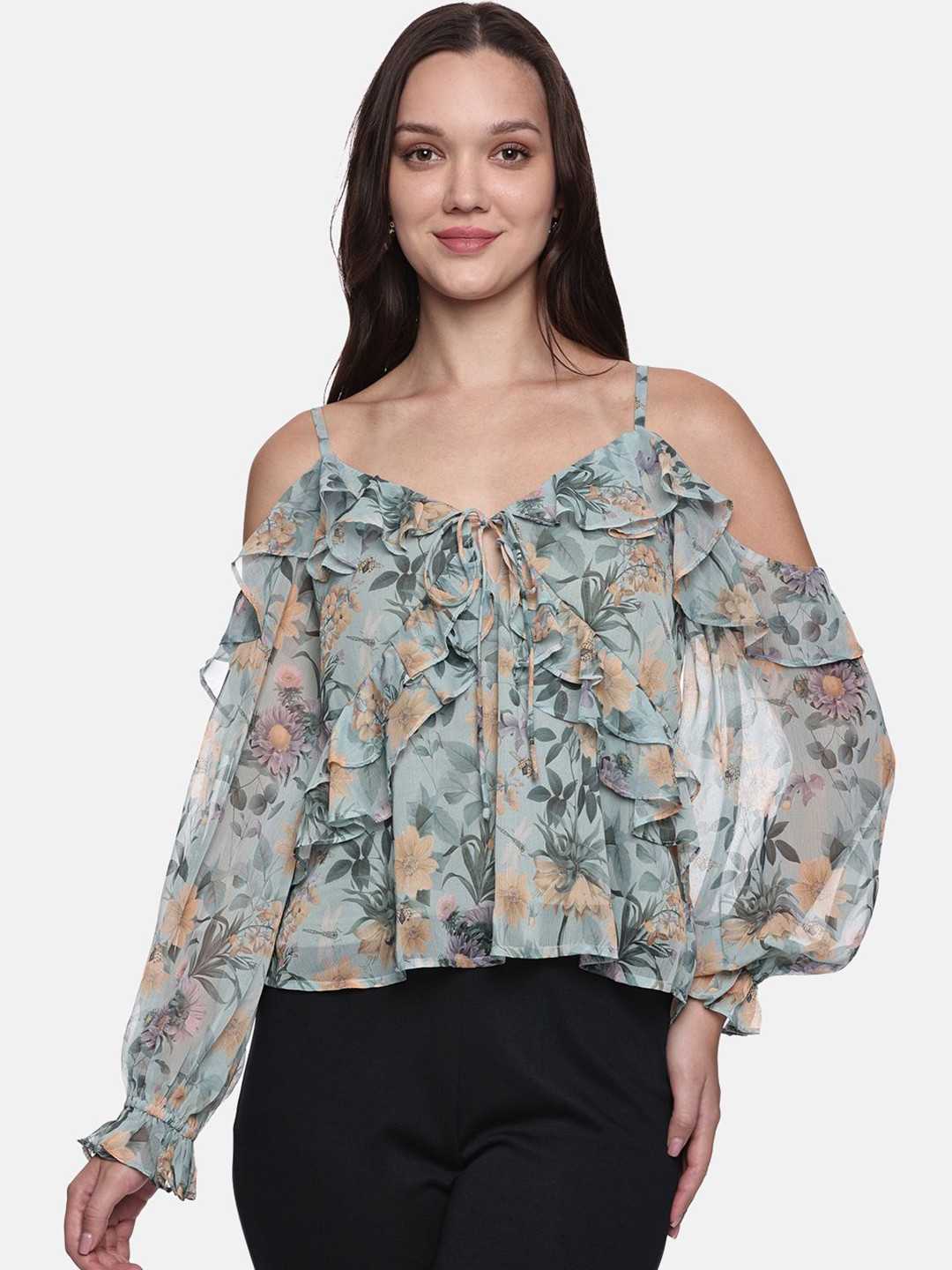 ISU Women Floral Print Sweetheart Neck Cold-Shoulder Chiffon A-Line Top