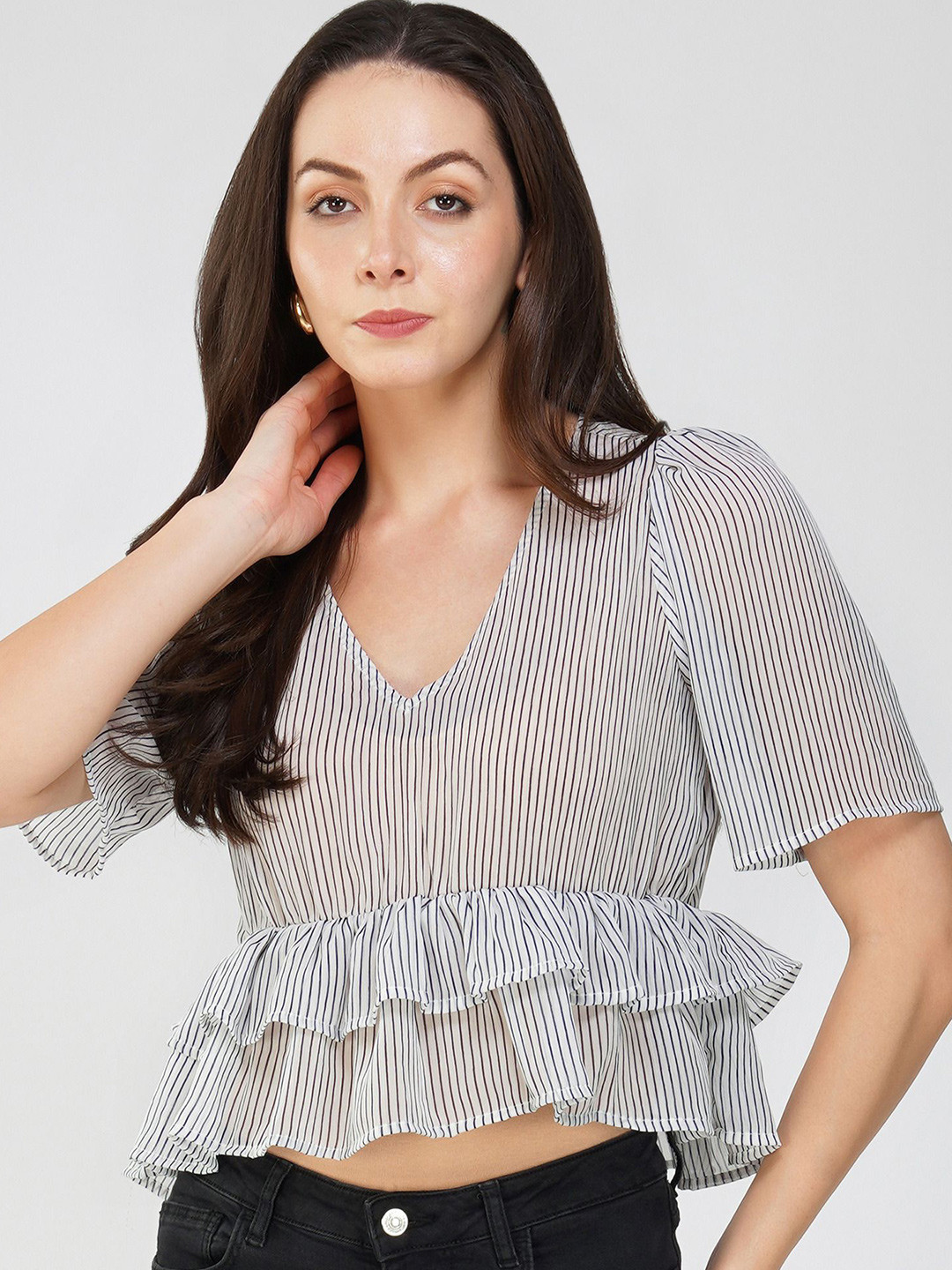 Avor Lifestyle Striped V-Neck Gathered Crop Top