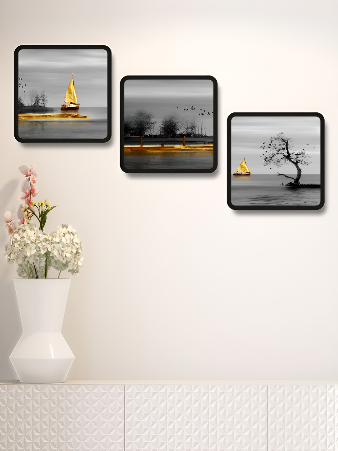 Myntra Elegant Homes Boat Wood 3 Piece Wall Square Paintings Wall Art - 19 x 19 In