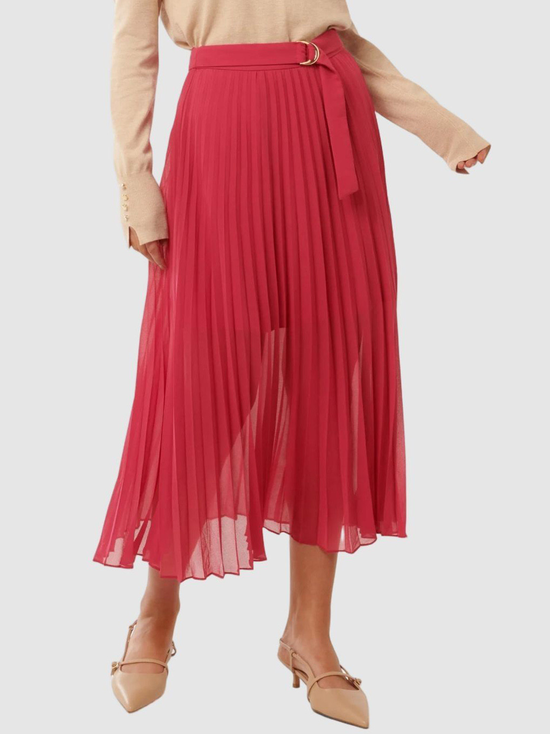 Forever New Women Belted Pleated Midi Skirt