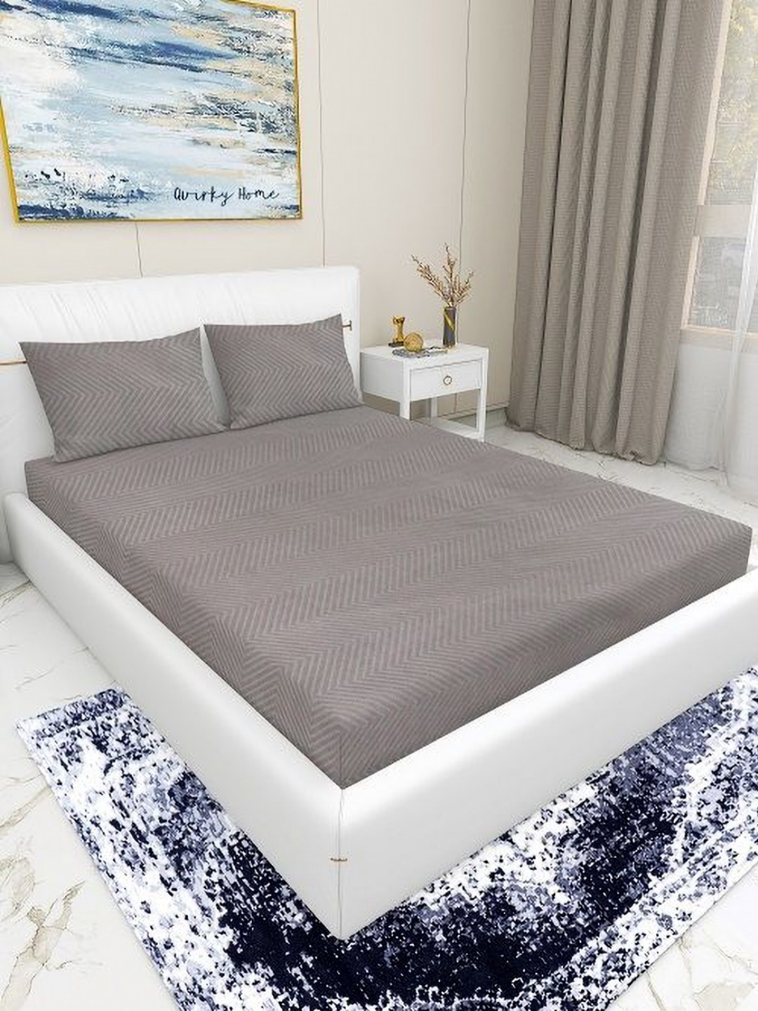 Quirky Home Coffee Brown Chevron Cotton 180 TC King Fine Bedsheet with 2 Pillow Covers-108 x 108 inches