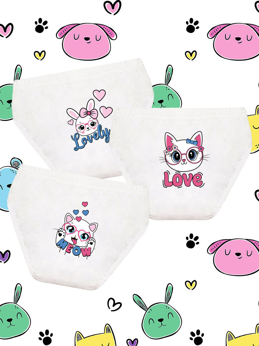 NUSYL Girl Pack Of 3 Cute Animal & Hearts Printed Pure Cotton Basic BriefsNUGCBRFPO3.002