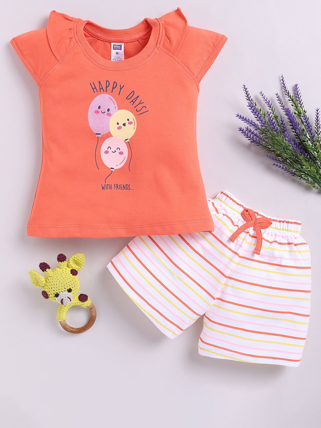 Nottie Planet Girls Balloons Printed Round Neck Pure Cotton T-shirt With Shorts