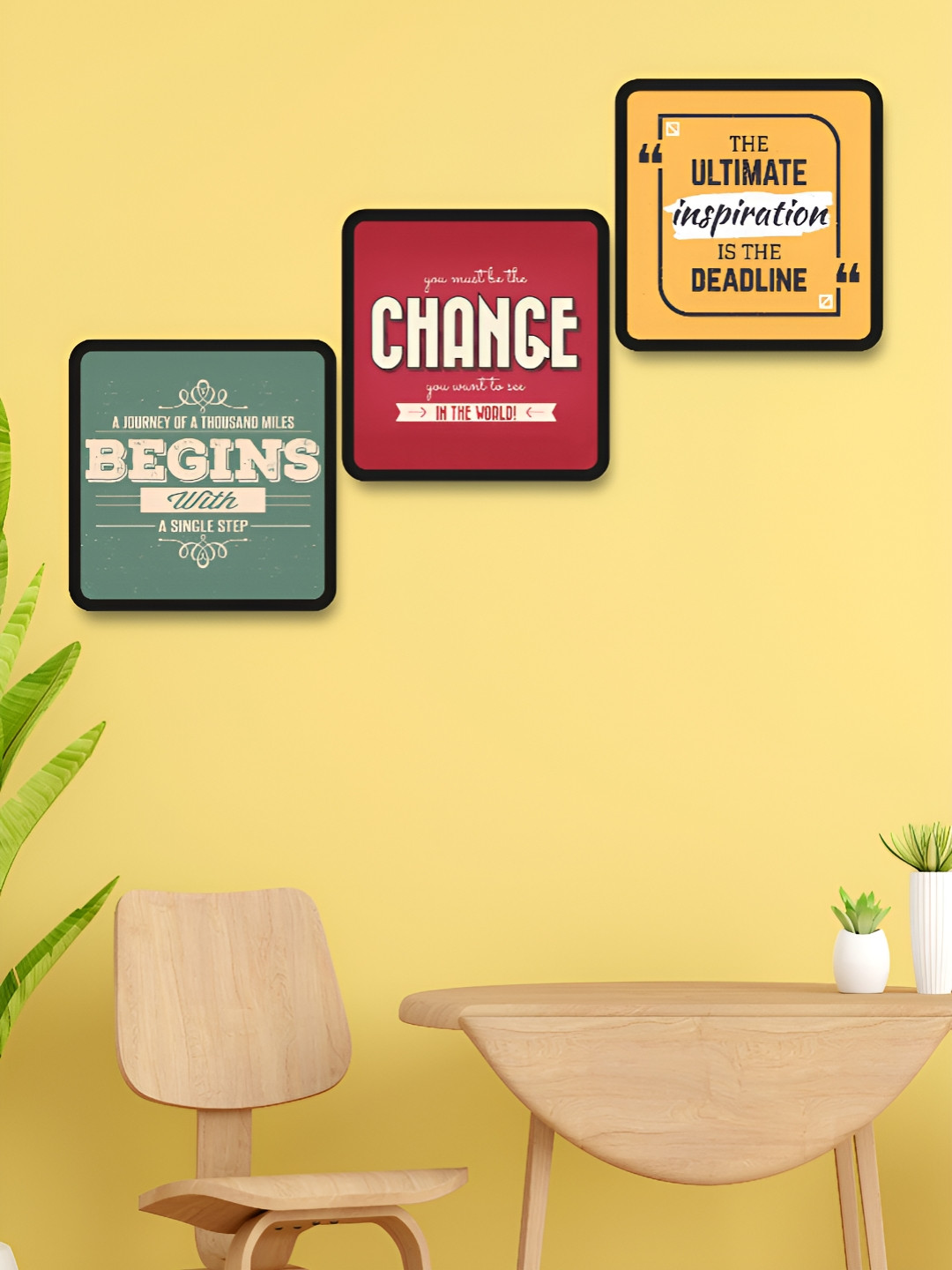 Myntra Elegant Homes Green & Pink 3 Pieces Motivational Quotes Wood Wall Art
