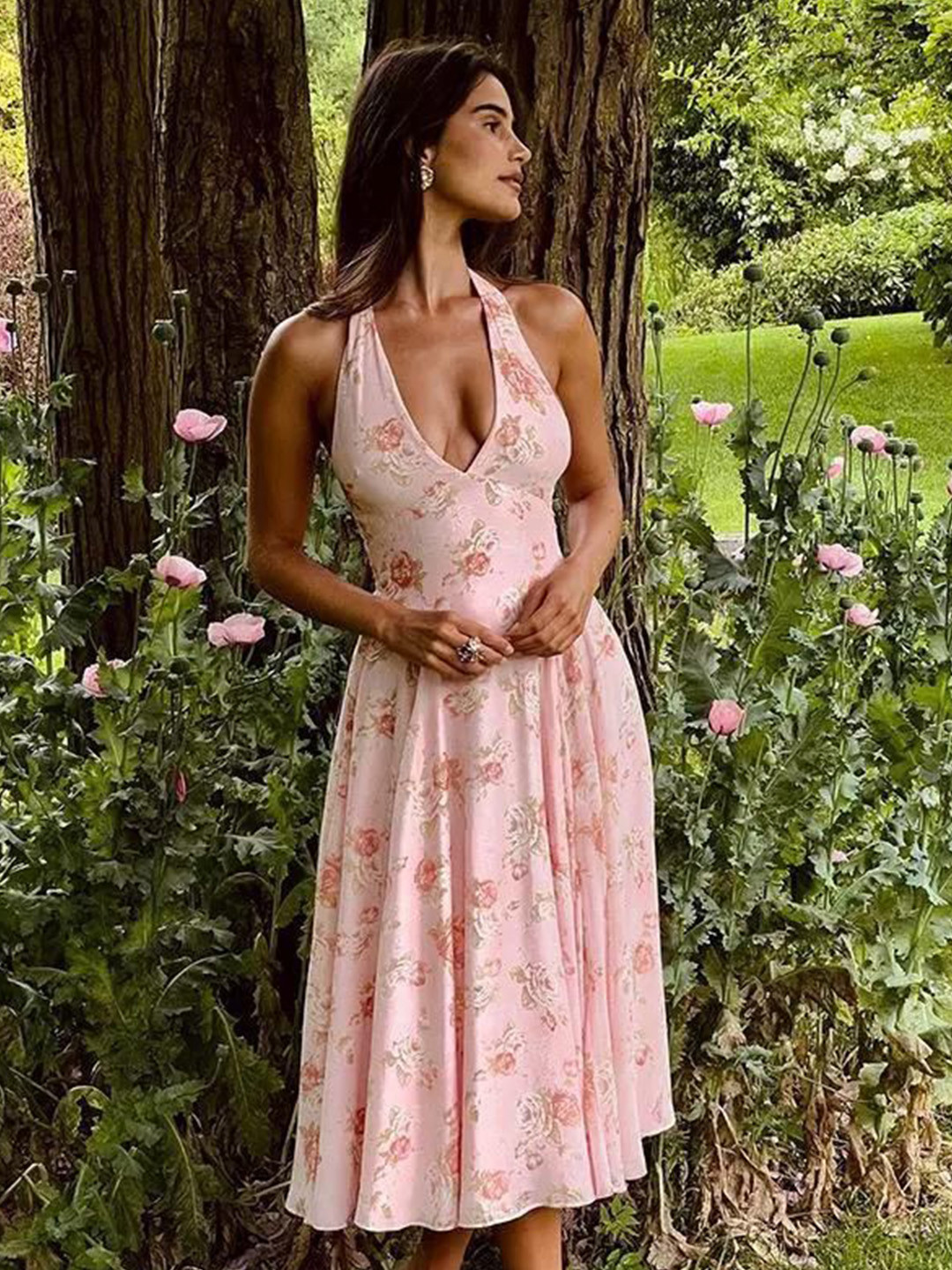 Miss Mosa By Akanksha  Women Floral Print Halter Neck Pink Simiana Vintage Floral Midi Dress