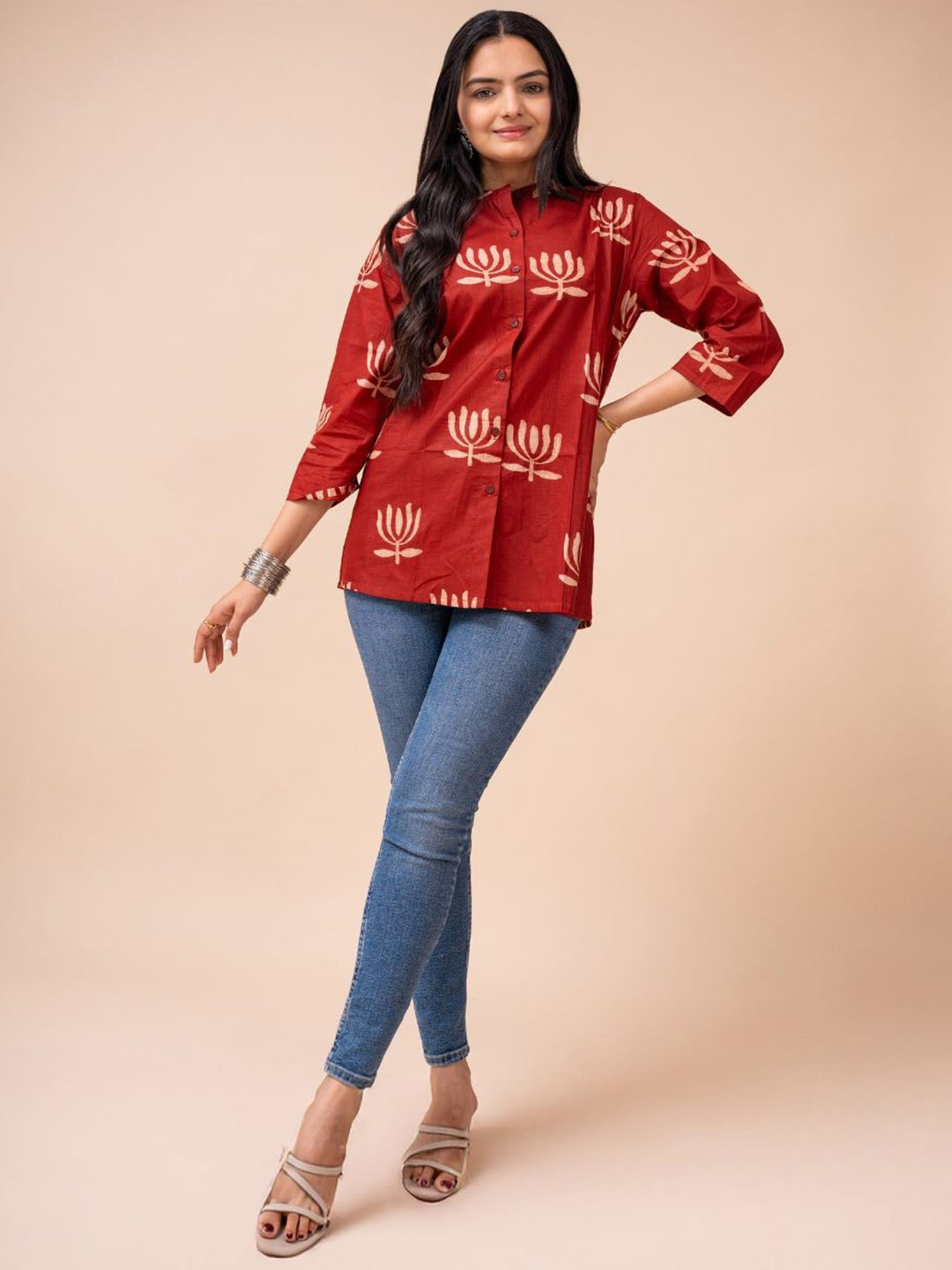 EKISHA Women Straight Fit Mandarin Collar Conversational Printed Cotton Casual Shirt