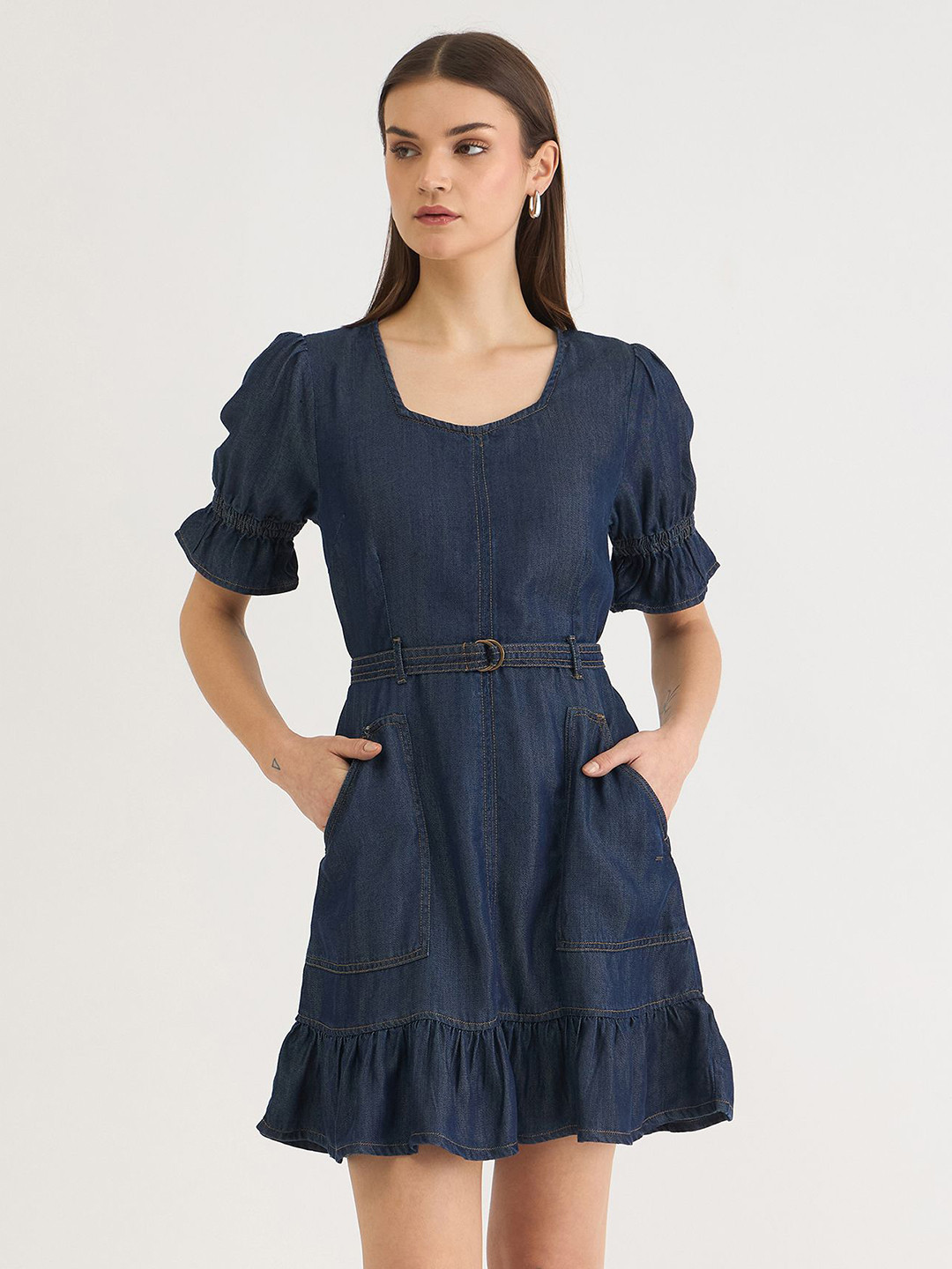 ELLE Women Solid Sweetheart Neck Contrast Stitch Denim Dress