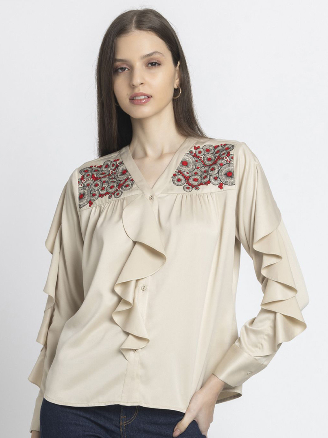 SHAYEBeige V-Neck Embroidered Full Sleeves Casual Tops For Women