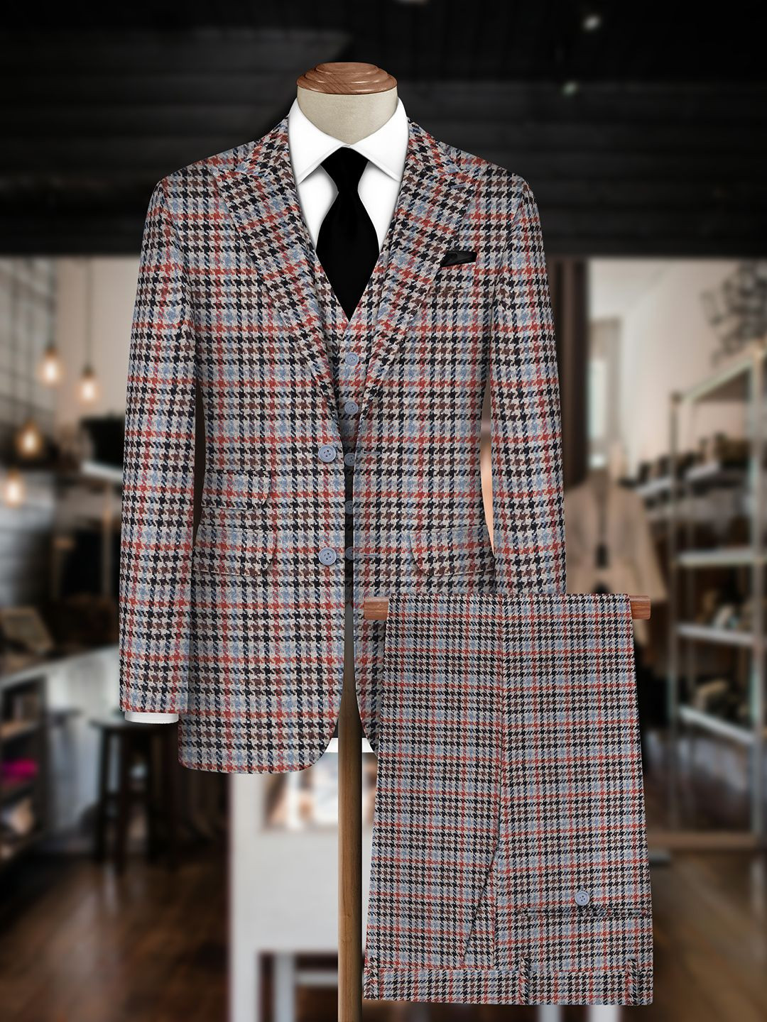 Bigreams Men Wool Checkered Three Piece Suit Fabric