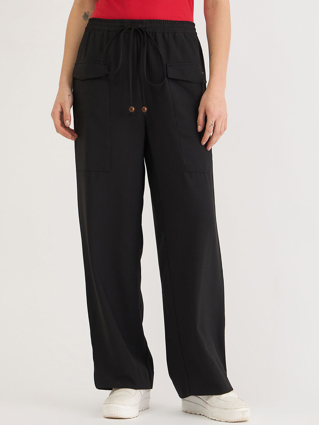 ELLE Solid High Rise Relaxed Fit Patch Pocket Cargo Pant