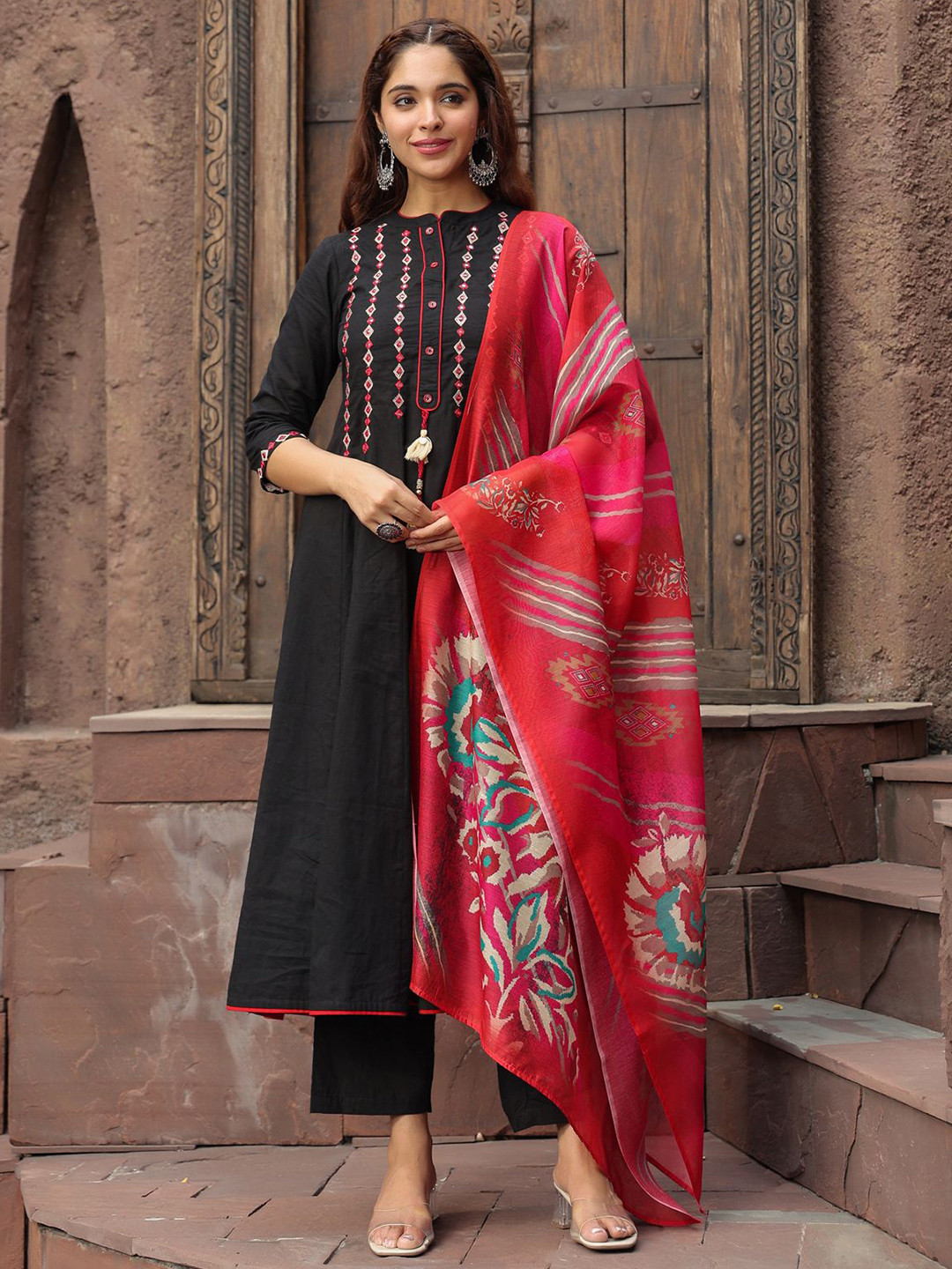 Rain & Rainbow Yoke Design Chanderi Cotton A-Line Kurta with Palazzos & Dupatta