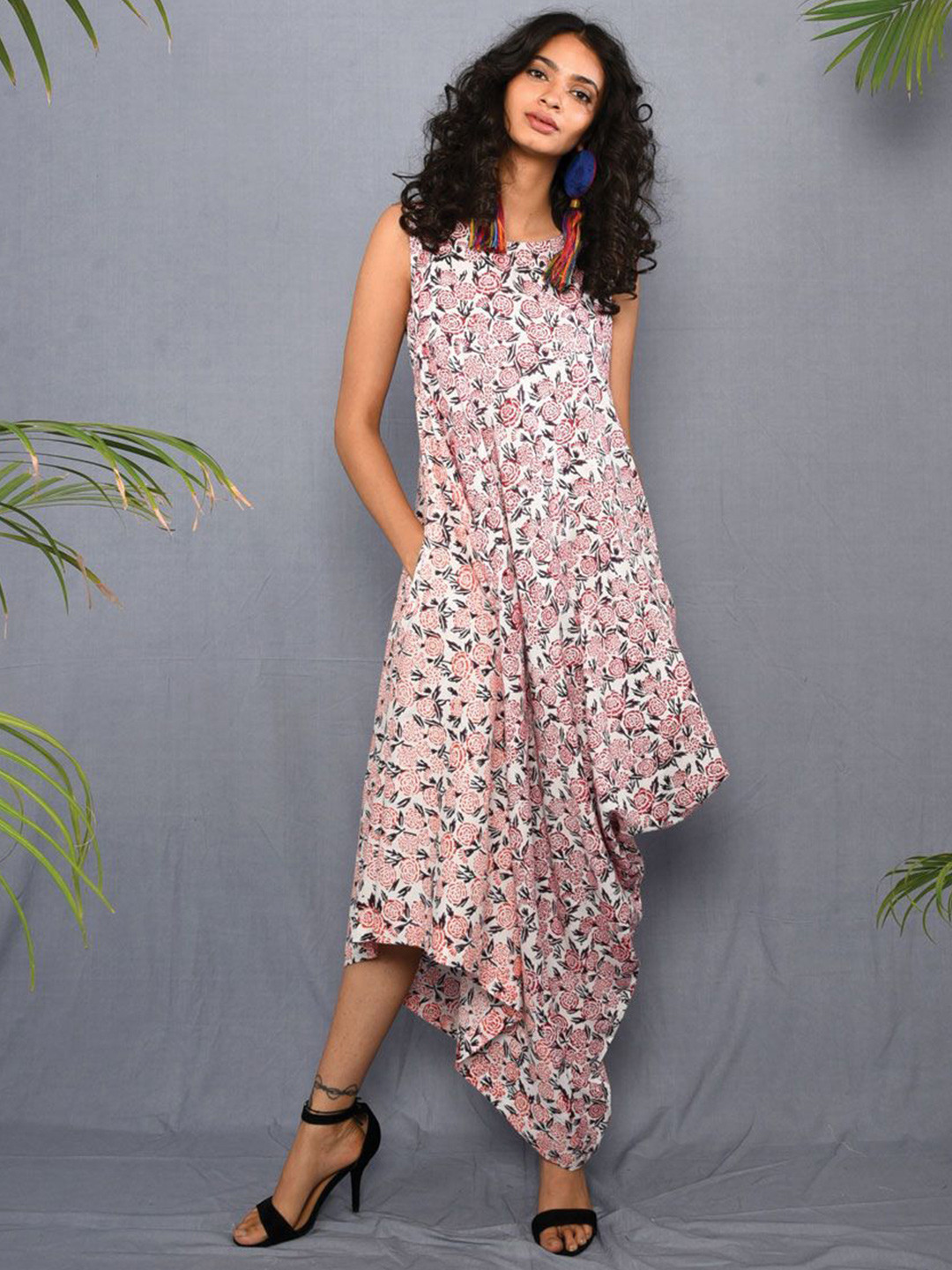Aapro Women Block Printed Marigold Draped Dress