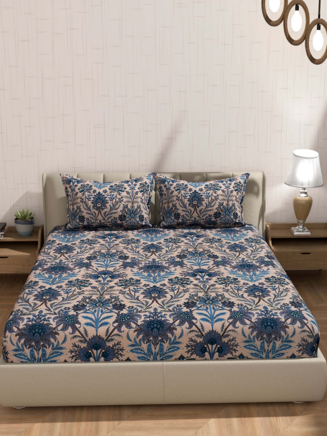 BLUEDOT Beige Floral Polycotton Stain Resistant 300 TC Fitted King Fine Bedsheet with 2 Pillow Covers-78 x 72 inches