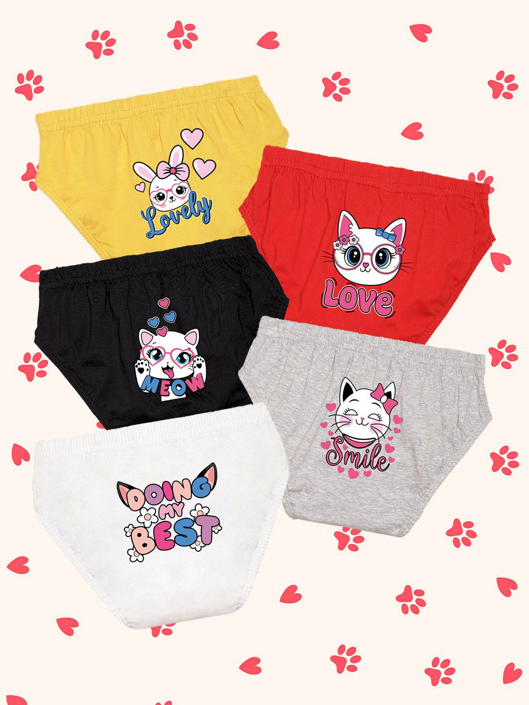 NUSYL Girl Pack Of 5 Meow Cat & Lovely Bunny Printed Pure Cotton Basic BriefsNUGCBRFPO5.