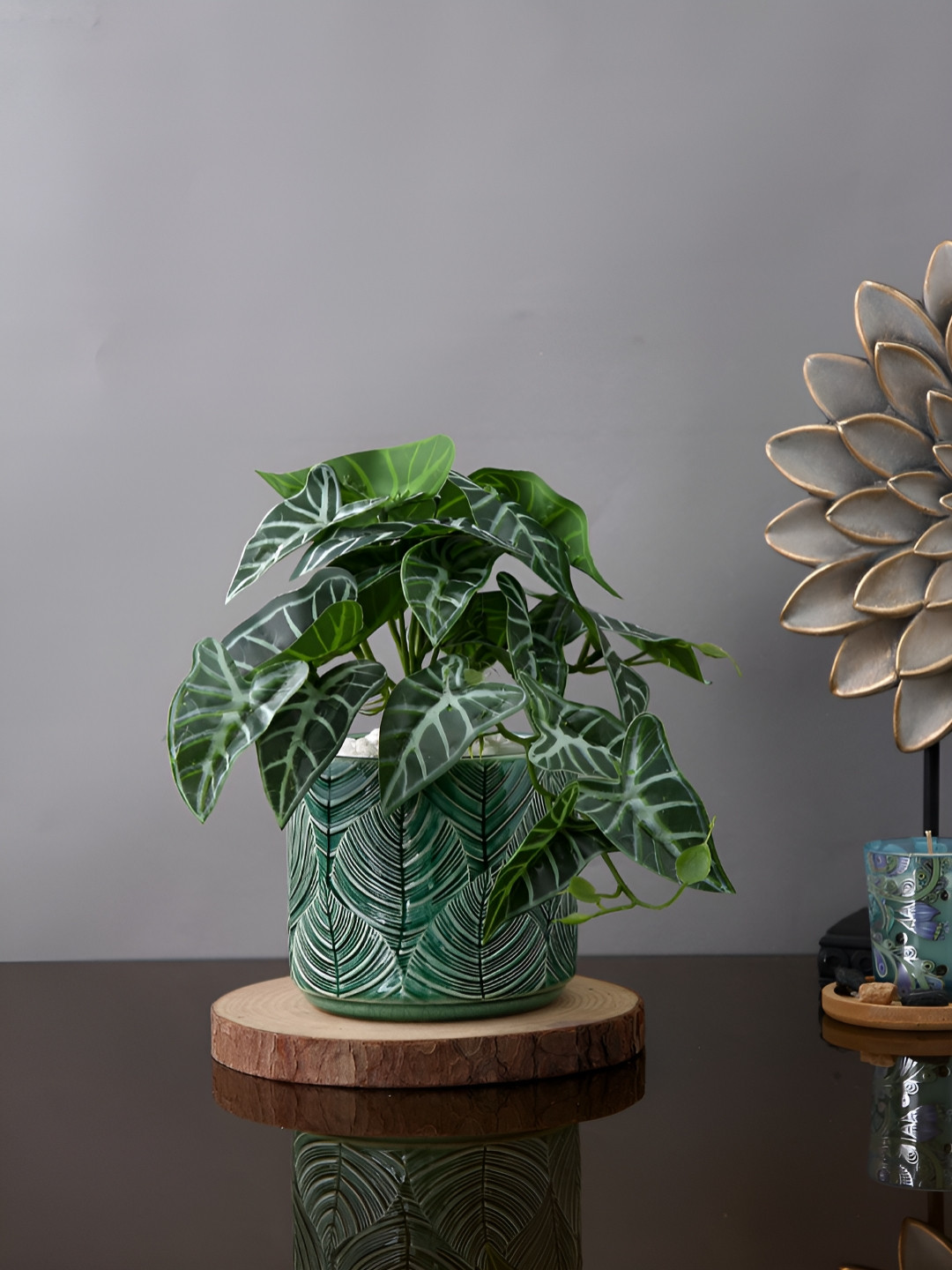 TAYHAA Green & White Leaf Textured Ceramic Planter