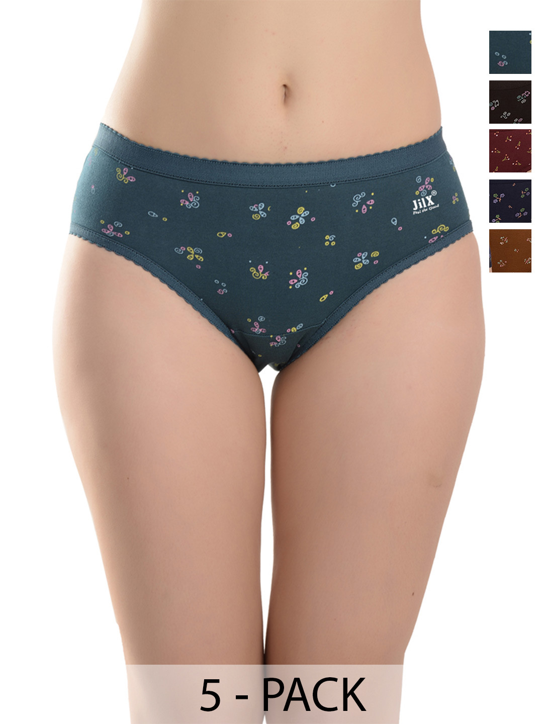 JIL X Women Pack Of 5 Printed Cotton Hipster Briefs MY-JILX-PRO-PRINT-OE-5PC