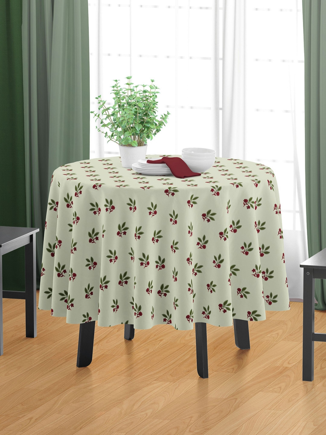 HOME COLORS.IN Green Floral Printed 4 Seater Cotton Round Table Cover