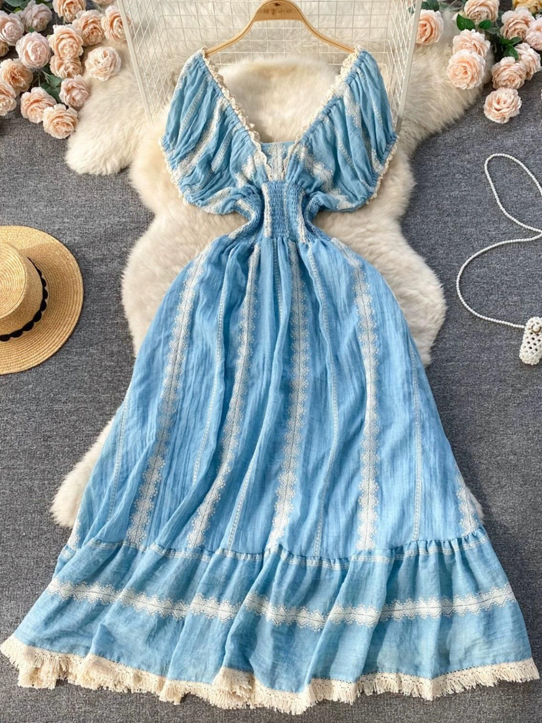 Miss Mosa By Akanksha  Women Blue Raven Summer Off-Shoulder Fit and Flare Maxi Dress