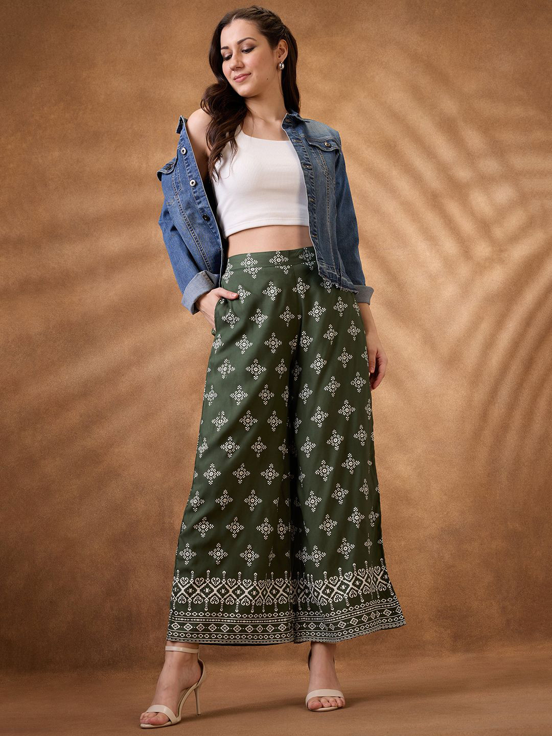 Globus Ethnic Print Mid Rise Wide Leg Fusion Pant