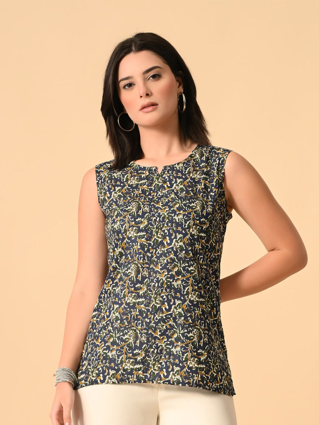 SANTOLIYA Women Floral Print Cotton Regular Top