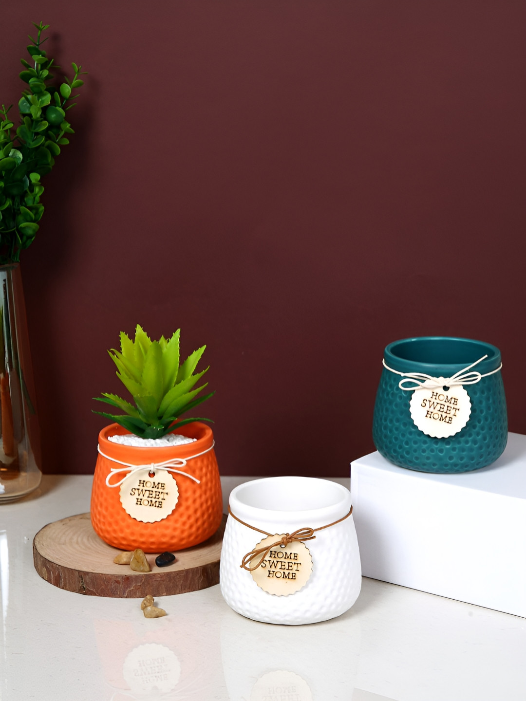 TAYHAA Orange & White 3 Pieces Elegance Honeycomb Ceramic Planters