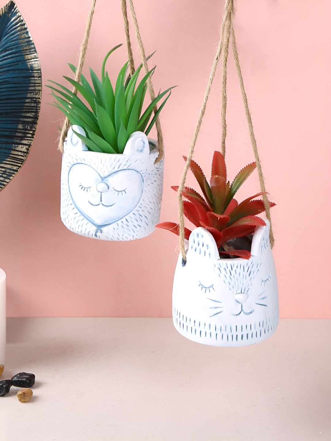 TAYHAA White 2 Pieces Whimsical Animal Printed Ceramic Hanging Planters