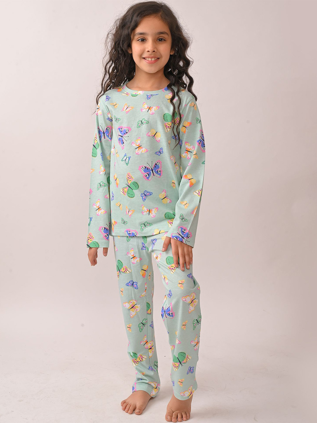 Anthrilo Summer Butterfly Girls Pure Cotton Printed Green Long Sleeves Pyjama Night suit