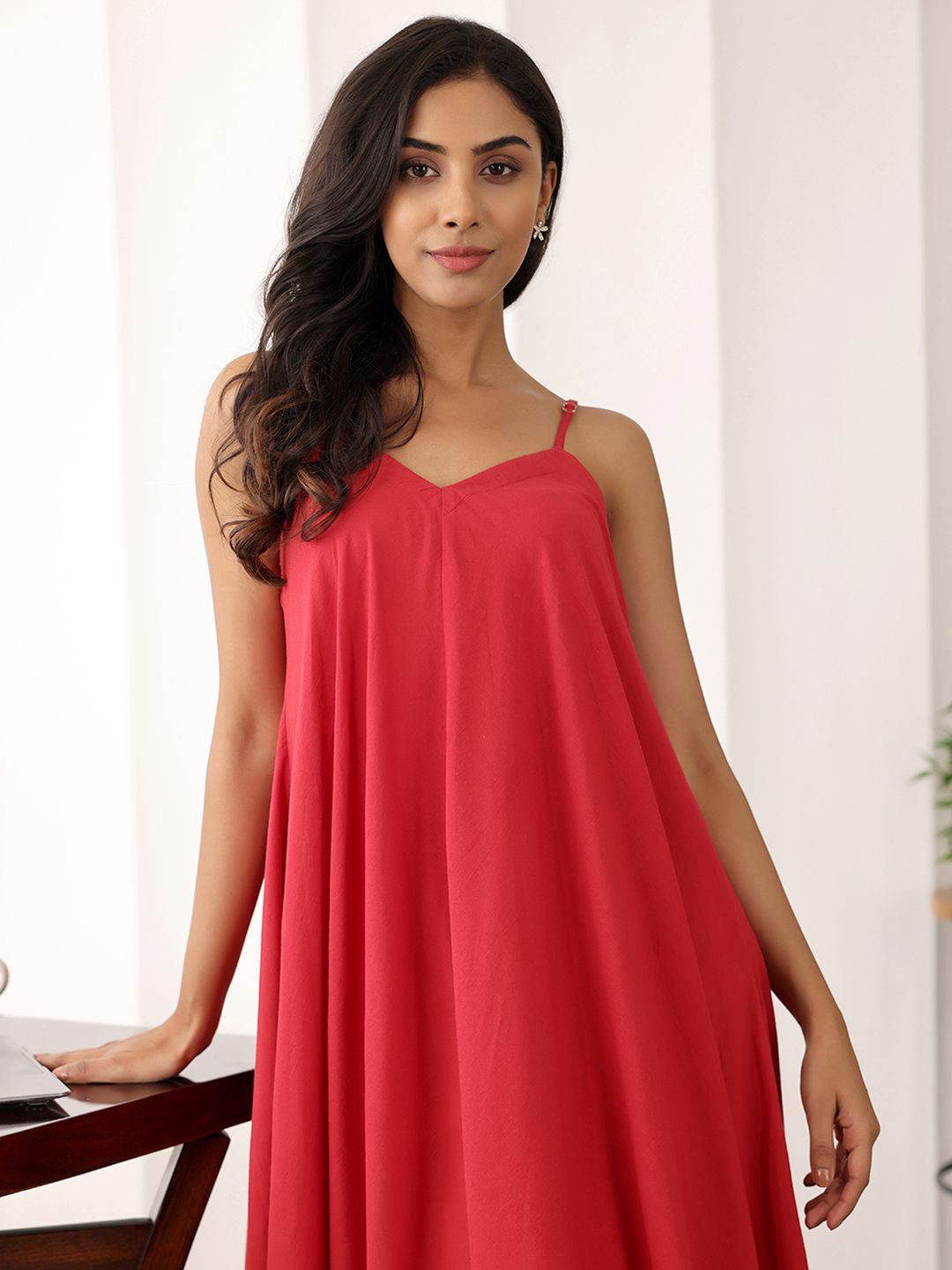 Ambraee Women Red Strappy Cotton Maxi Dress