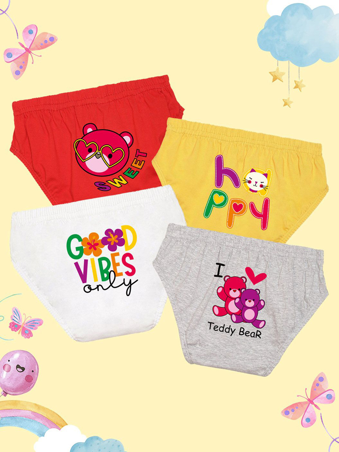 NUSYL Girls Pack Of 4 Text Printed Mid Rise Basic Briefs