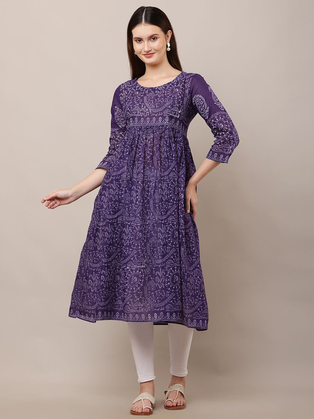 DEGE Floral Printed Pleated Round Neck Pure Cotton Anarkali Kurta