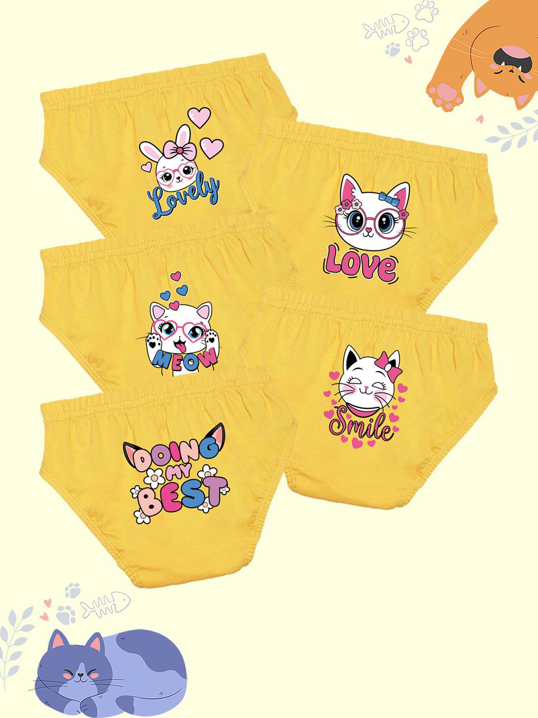 NUSYL Girls Pack Of 5 Bunny & Kitty Printed Cotton Briefs