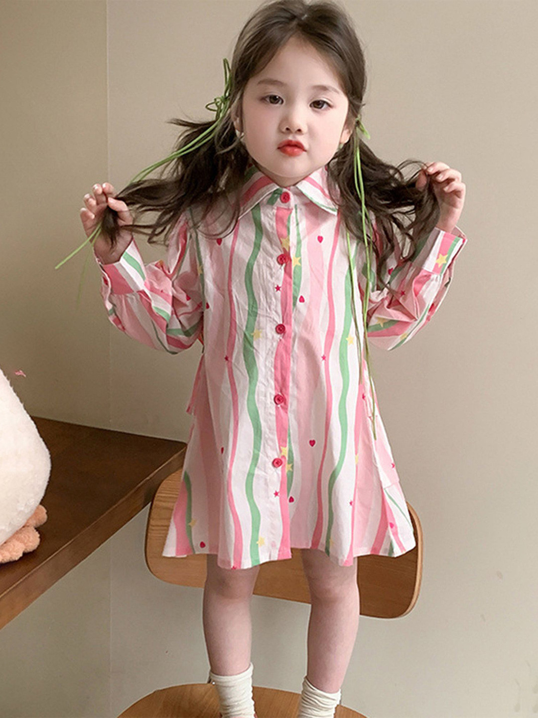 LULU & SKY Girls Candy Stripes Cuffed Sleeve Knee Length Shirt Dress
