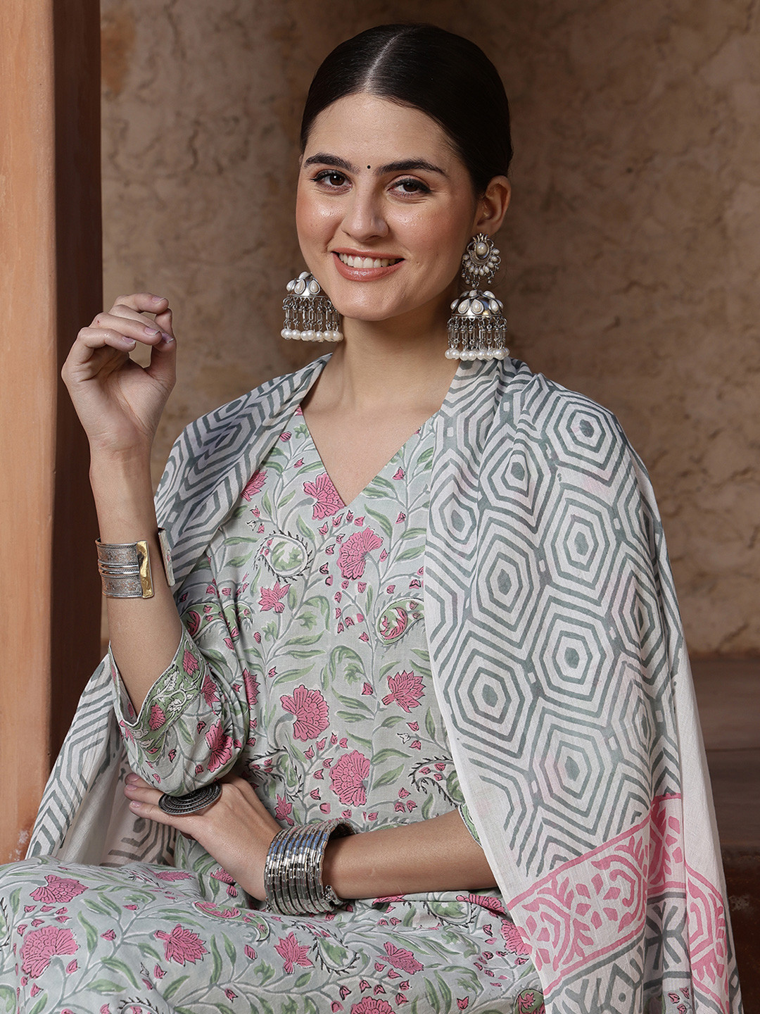 Taavi Floral Hand Block Print Pure Cotton Straight Kurta With Trousers & Dupatta Set
