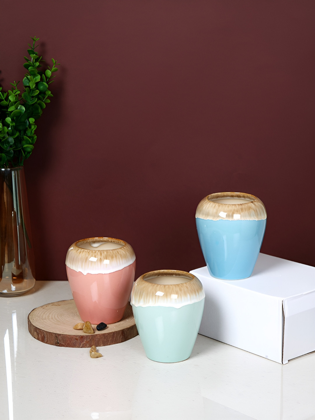 TAYHAA Blue & Green 3 Pieces Glazed Ombre Printed Ceramic Planters