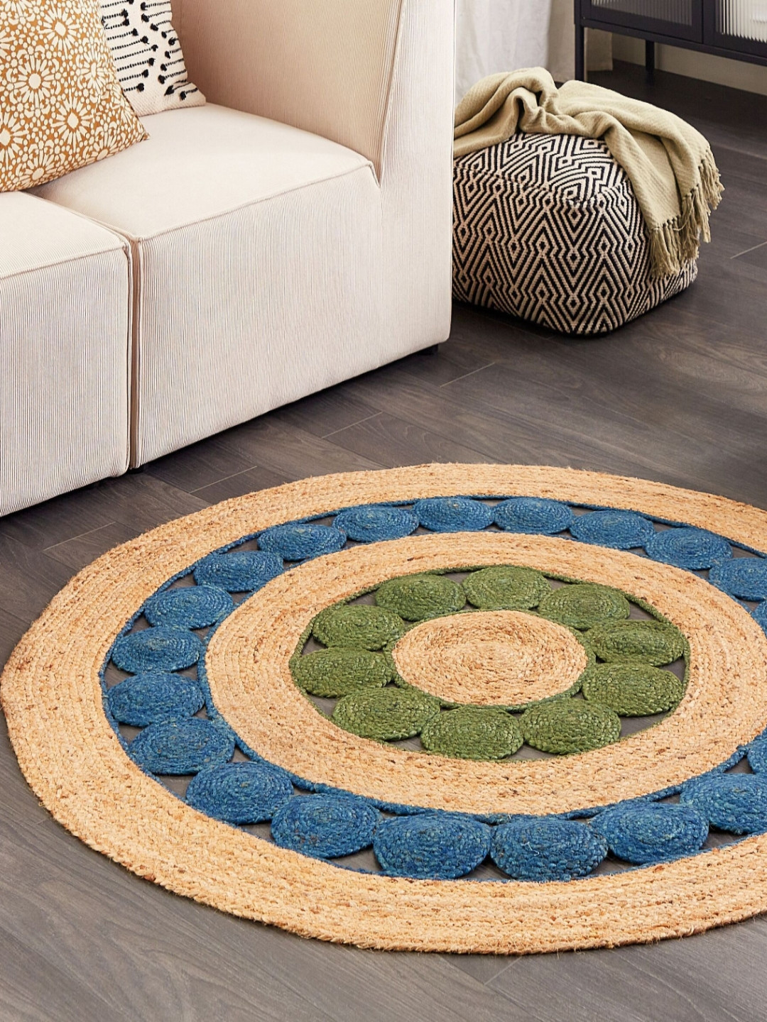 Art Avenue Hamilton Beige & Green Textured Round Floor Jute Carpet