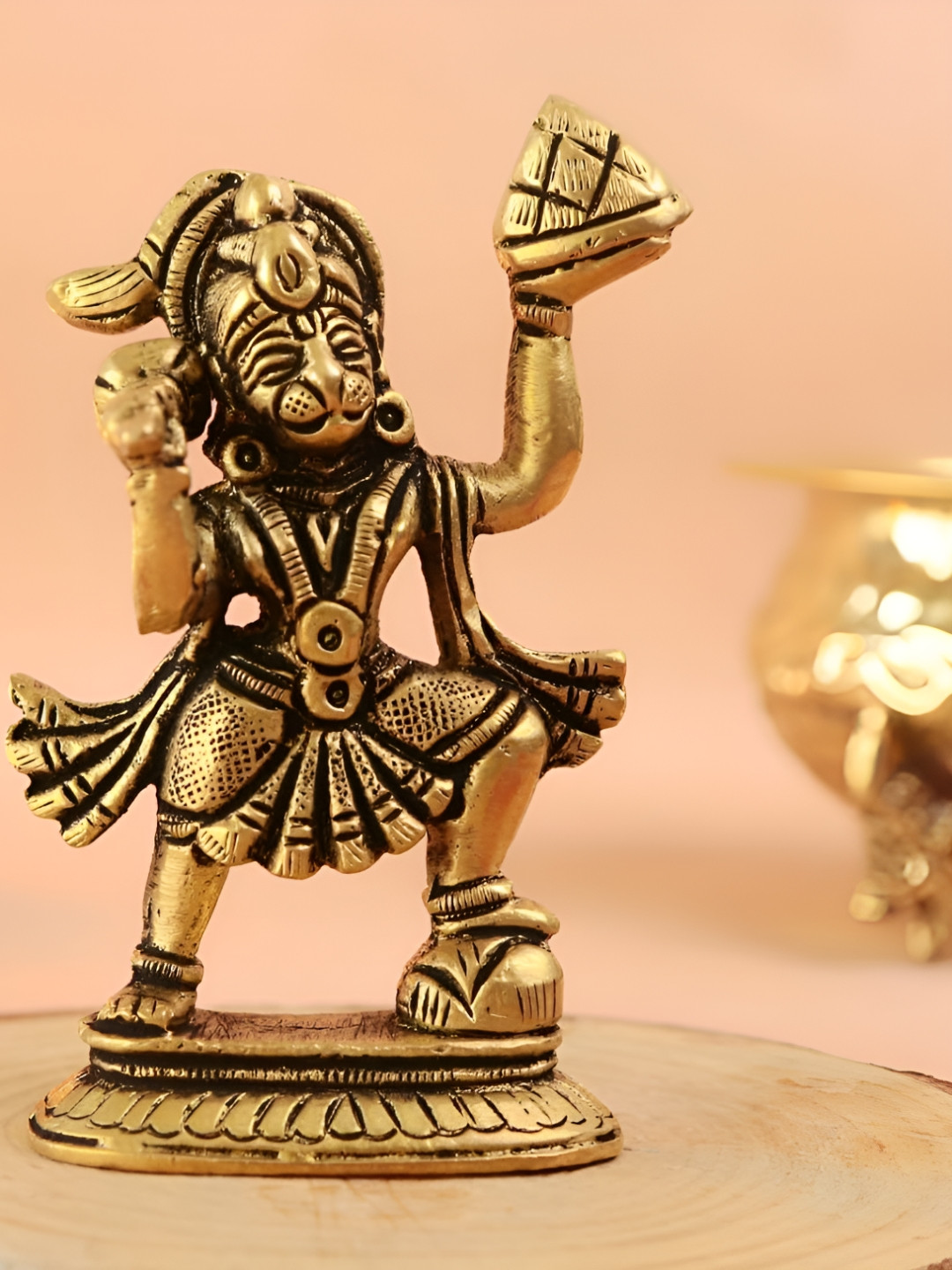 The Spiritual Living Hanuman Ji Murti Gold Brass Metallic Prayer Room Medium Showpiece - 8.4 Inches
