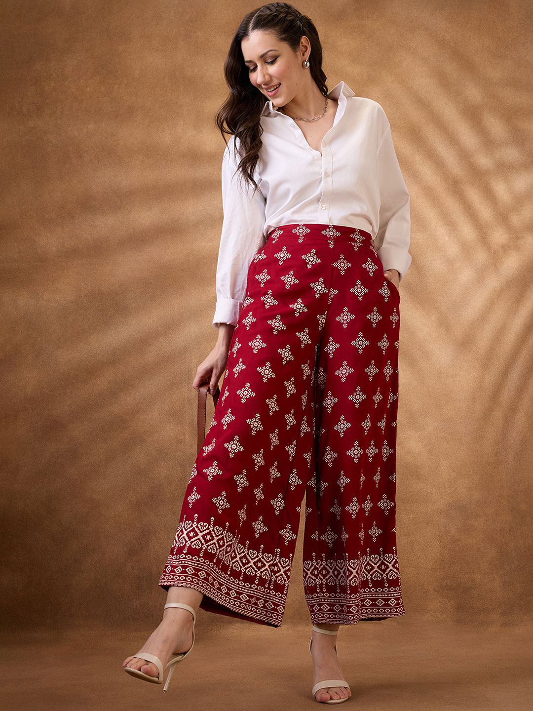 Globus Ethnic Print Mid Rise Wide Leg Fusion Pant