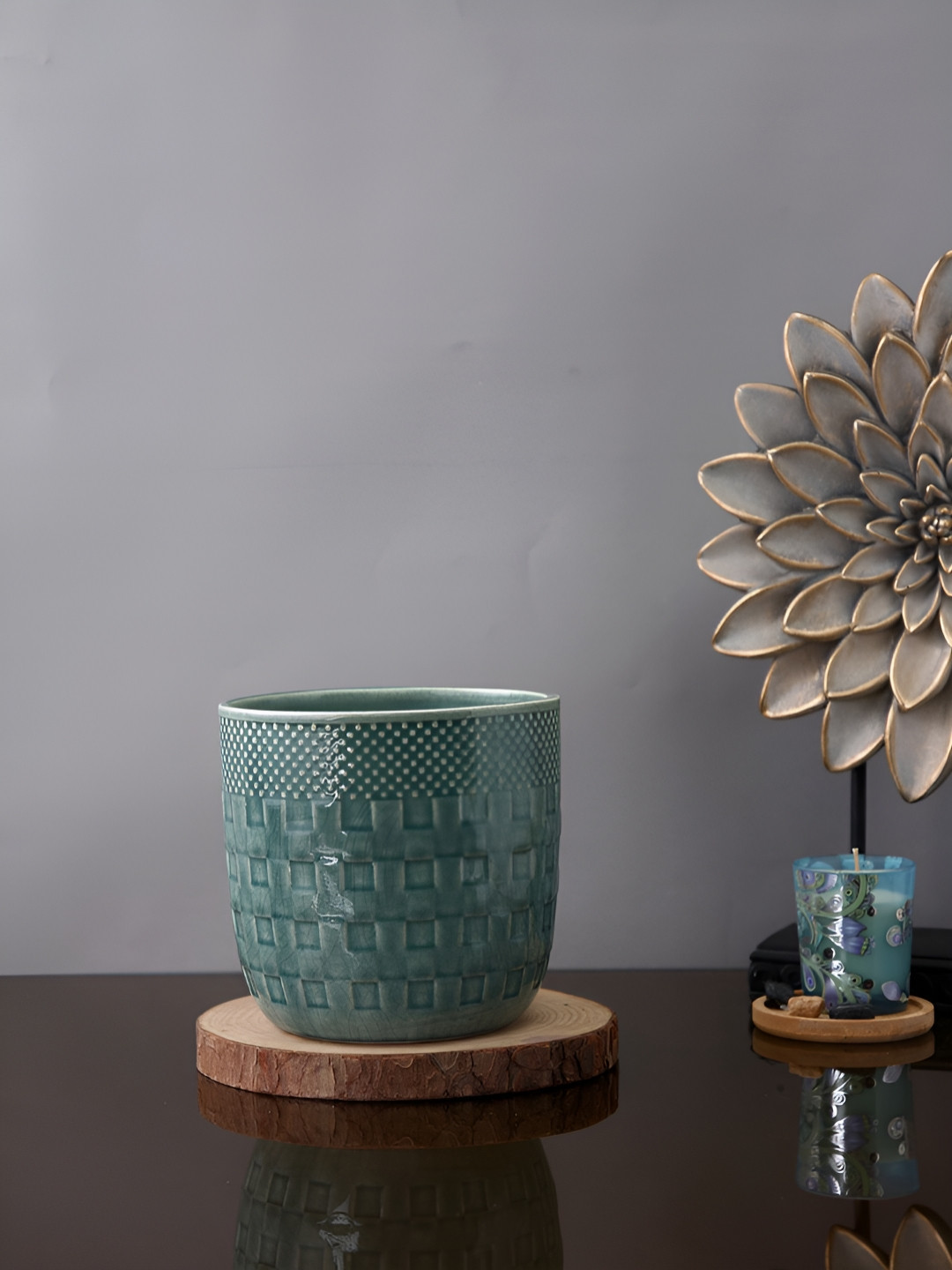 TAYHAA Green Basketweave Ceramic Planter