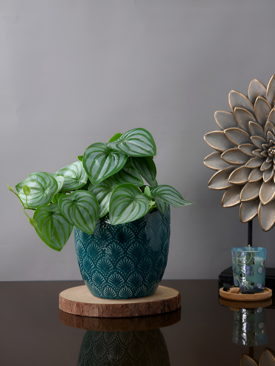 TAYHAA Teal Blue & White Scalloped Printed Ceramic Planter