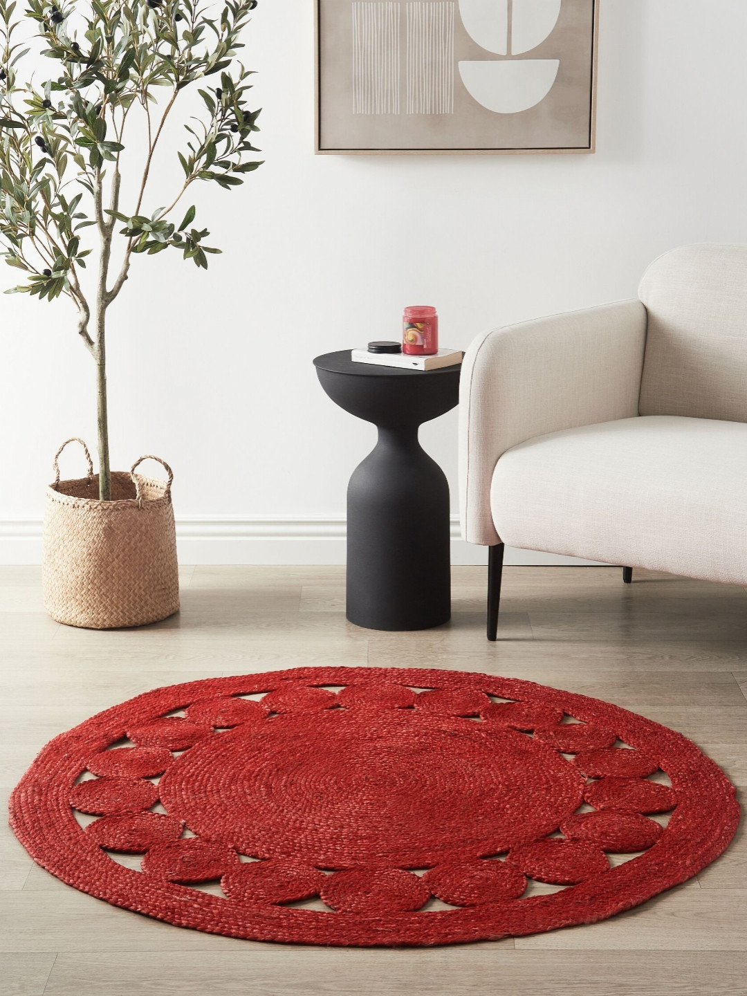 Art Avenue Peony Red Textured Round Floor Jute Carpet