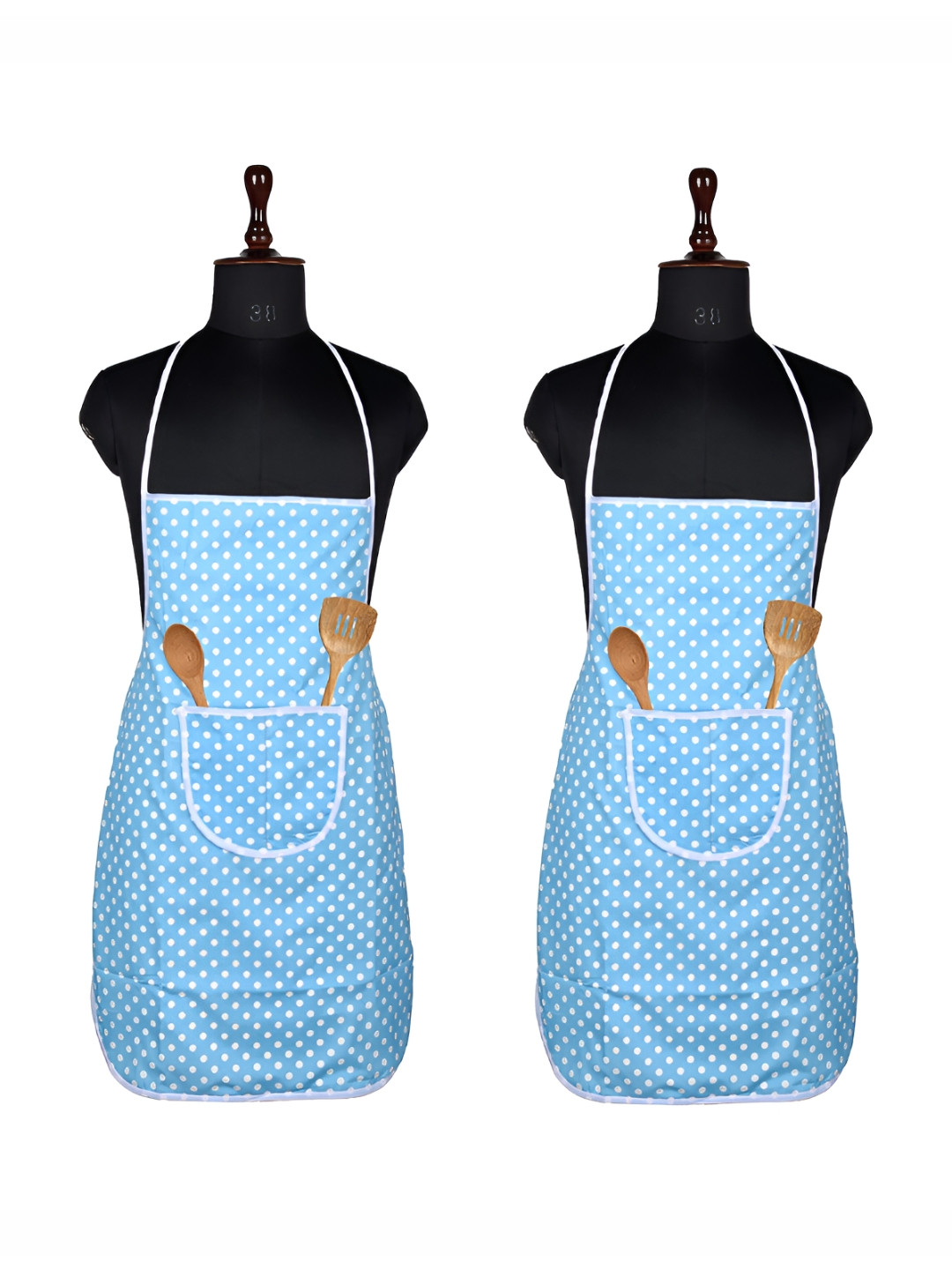 Aura 2 Pieces White & Blue Polka Dot Printed Waterproof Apron With Front Pocket