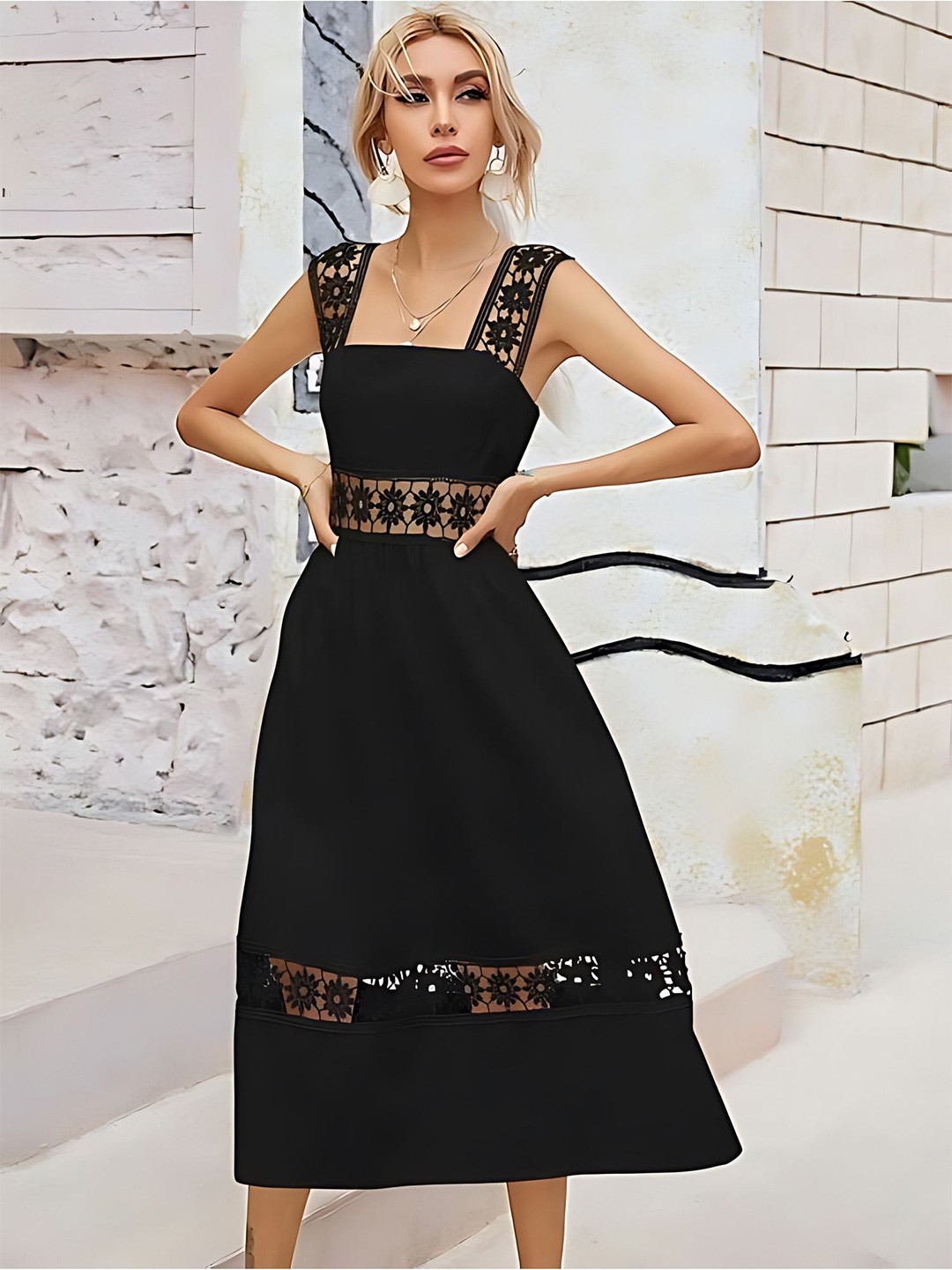 ZELZIS Women Crepe & Lace Crochet Wide Strap Fit and Flare Midi Dress