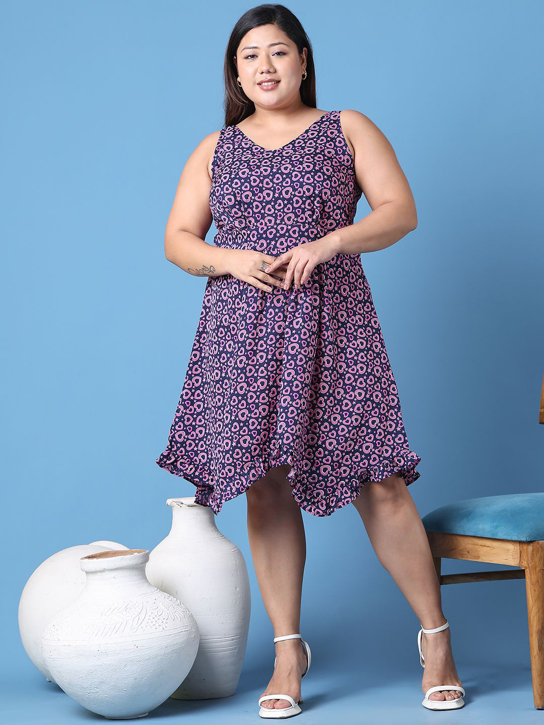 theRebelinme Plus Size Heart Print Fit & Flare Dress