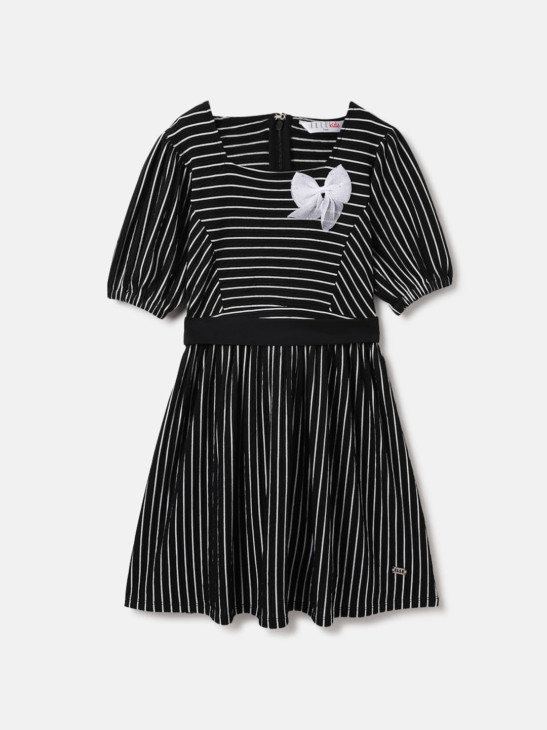 ELLE Girls Striped Bow Detailed Fit & Flare Dress With Fabric Belt
