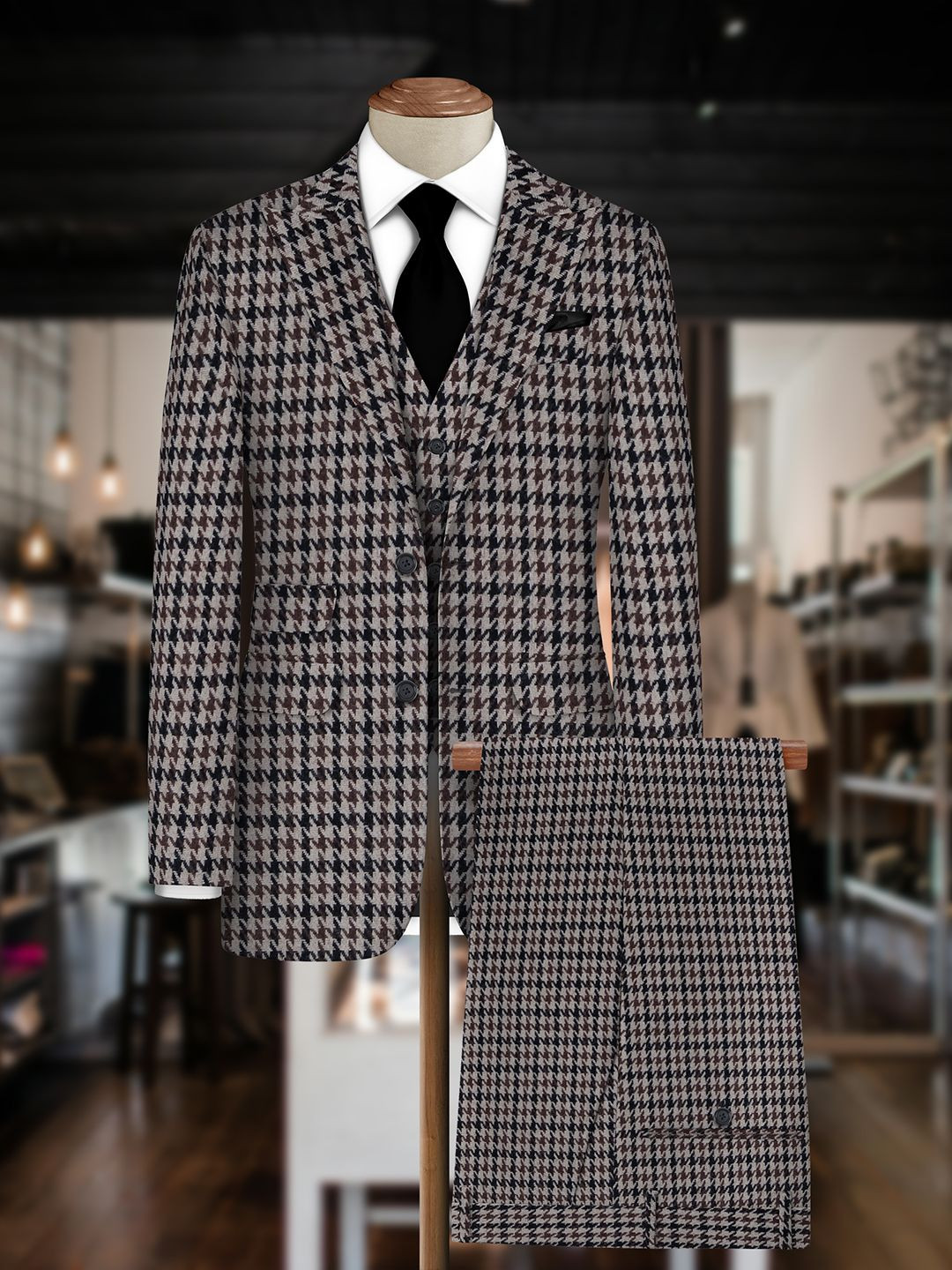 Bigreams Men Wool Checkered Three Piece Suit Fabric