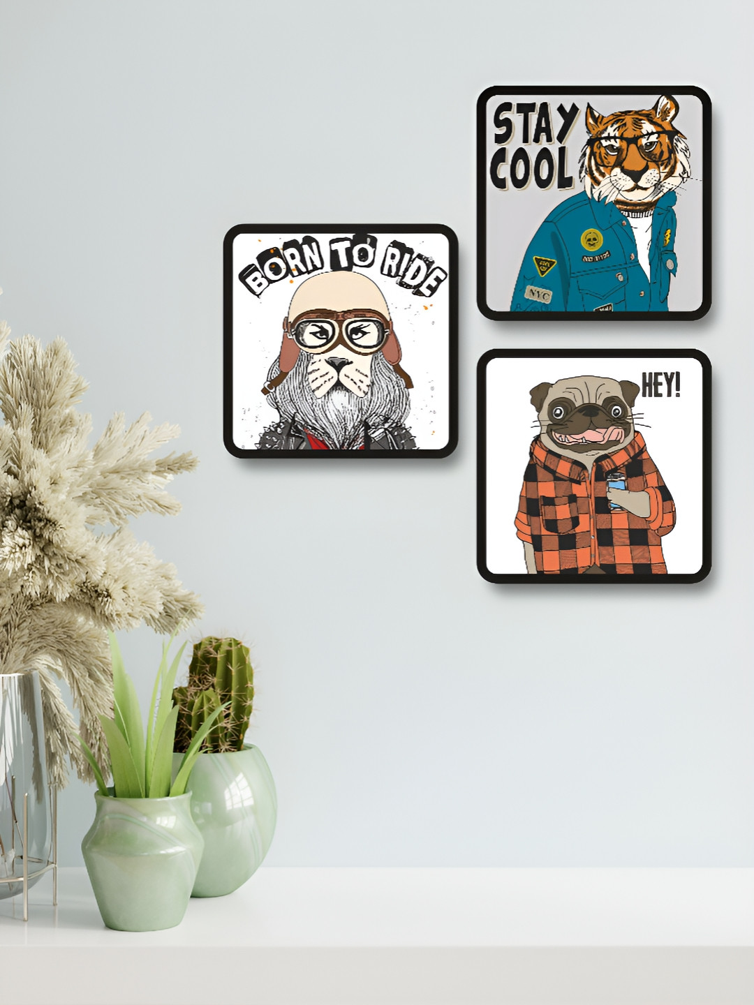 Myntra Elegant Homes Blue & White 3 Pieces Animal Cartoon Printed Wood Wall Art