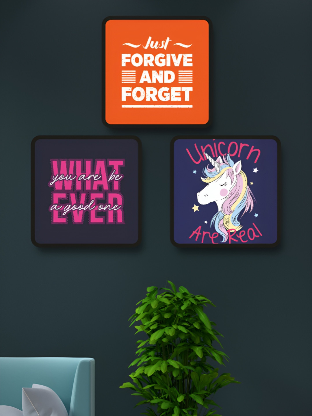 Myntra Elegant Homes Orange & Purple 3 Pieces Motivational Quotes Wood Wall Art