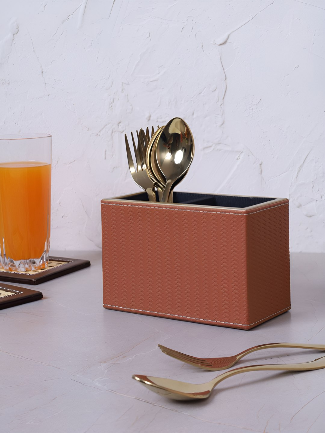 HOME 360 Tan Leather Cutlery Holder