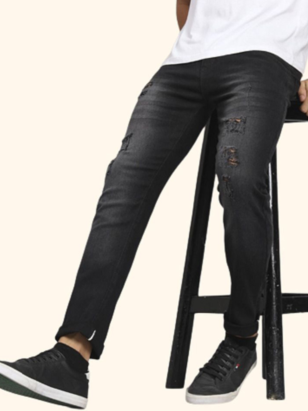 LINARIA Men Classic Slim Fit Low Distress Light Fade Cotton Jeans