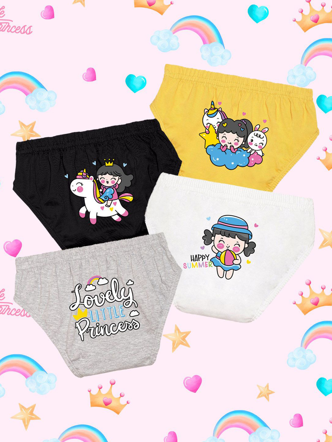 NUSYL Girls Pack Of 4 Princess Text & Unicorn Printed Pure Cotton Basic BriefsNUGCBRFPO4.